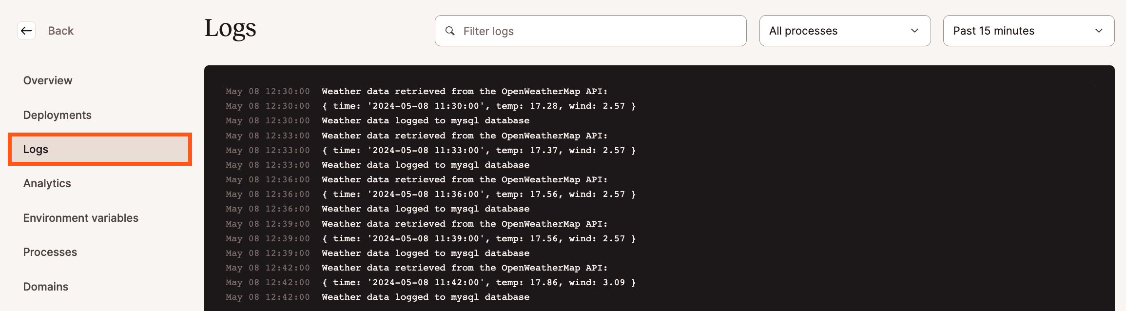 View your application's runtime logs in Sevalla.